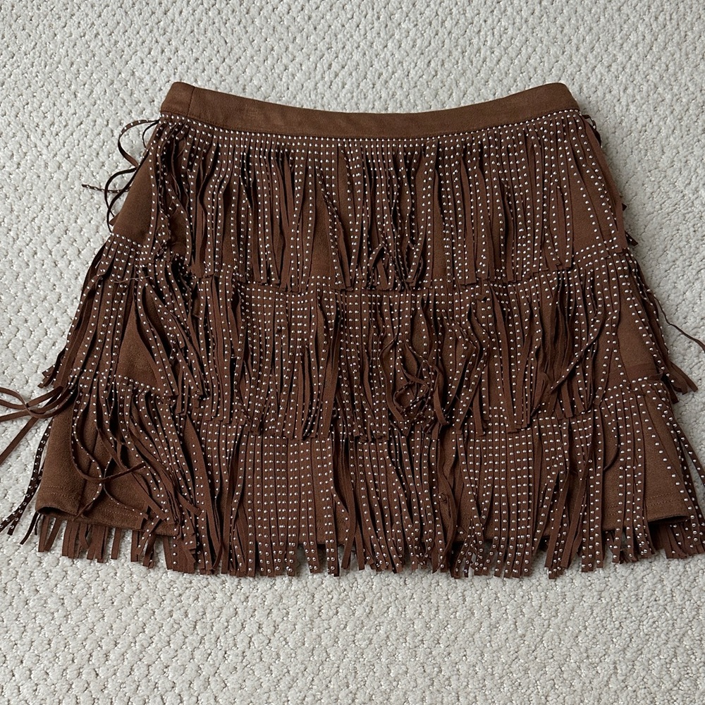 Francesca's Collections Brown Fringe Mini Skirt